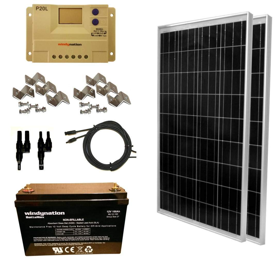 WindyNation 2 x 100W Solar Panel, 20A Charge Controller, 100Ah AGM Battery RV Off-Grid Kit