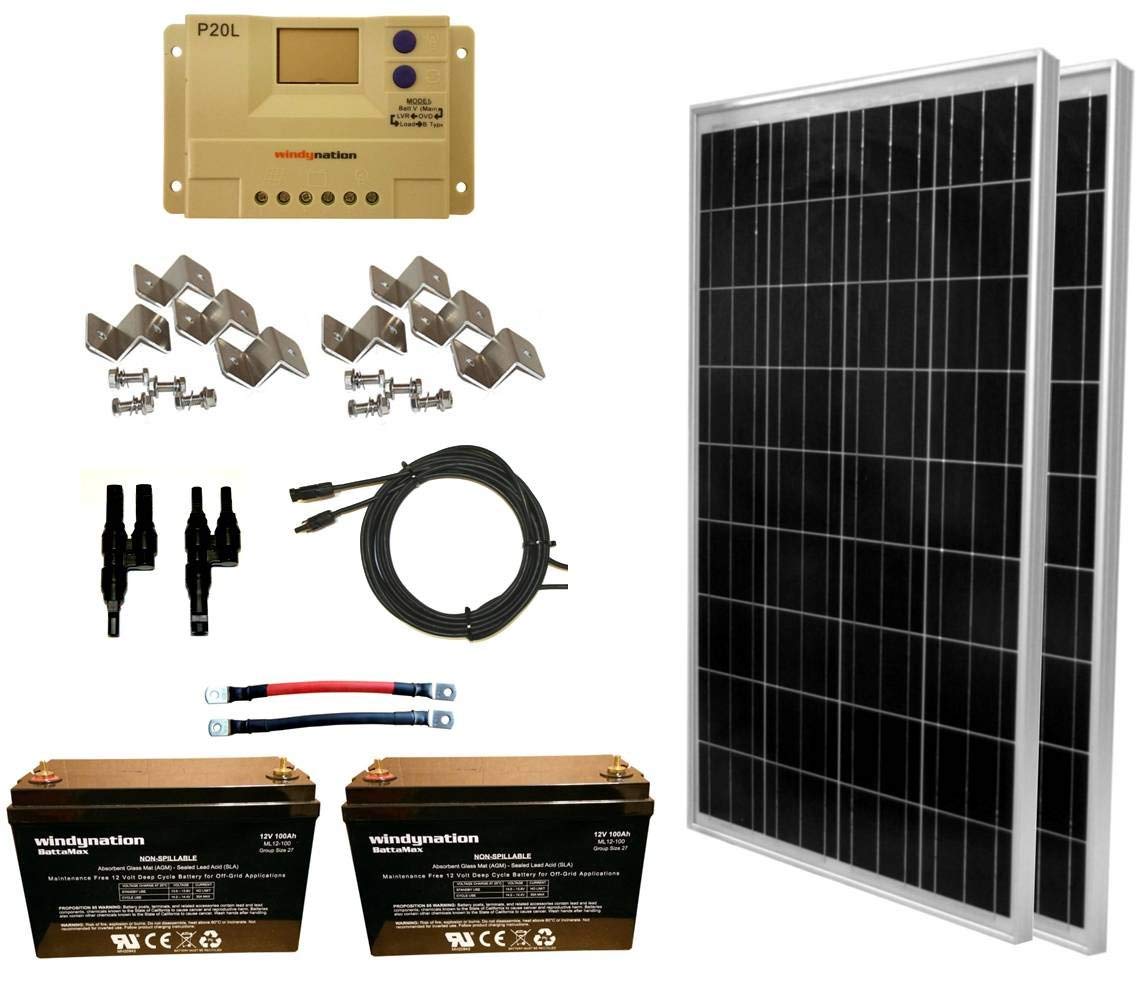 WindyNation 2 x 100W Solar Panel, 20A PWM Charge Controller RV Off-Grid Kit w/ 200Ah Batteries